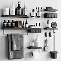 Modern Bathroom Accessories Organized On Wall Shelves With Bottles Towel And Toiletries