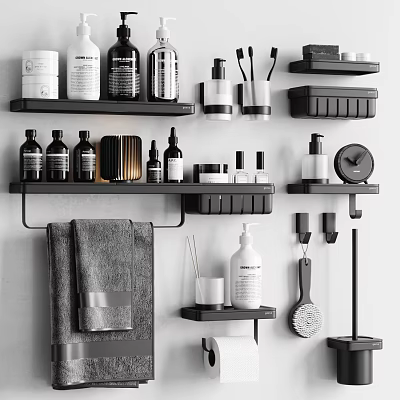 Modern Bathroom Accessories Organized On Wall Shelves With Bottles Towel And Toiletries 3d model