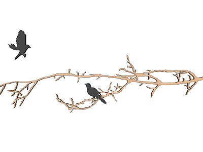 Wooden Branch Wall Decor With Two Black Bird Ornaments For Home Interior 3d model