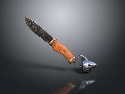Decorative Hunting Knife With Carved Blade Wooden Handle And Metal Sheath 3d model