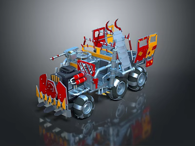Red Yellow Multi wheeled Combat Vehicle Weapon System With Front Armament And Top Turret 3d model