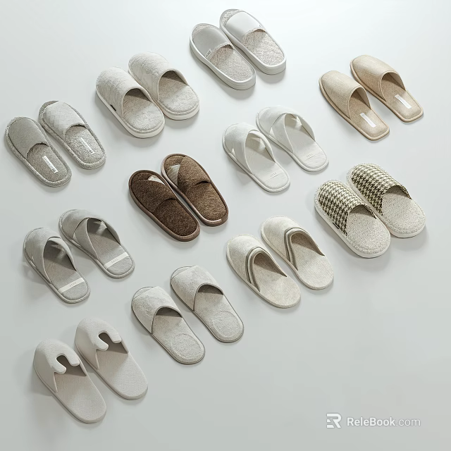 Various Styles Of Comfortable Home Slippers With Soft Textures And Neutral Tones 3d model 