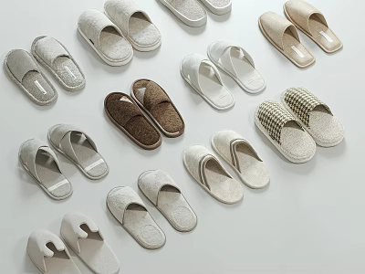 Various Styles Of Comfortable Home Slippers With Soft Textures And Neutral Tones 3d model