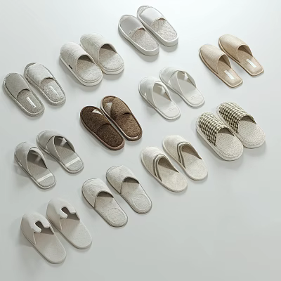 Various Styles Of Comfortable Home Slippers With Soft Textures And Neutral Tones 3d model