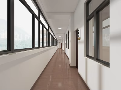 Bright Spacious Office Corridor With Long Windows White Walls And Tile Floor 3d model