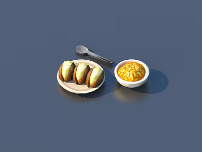 Three Cream Topped Pastry Desserts With Yellow Sauce Bowl And Spoon On Light Plate 3d model