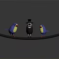 Low Poly Style Three Birds On Black Branch With Top Hat Bird And Gray Background