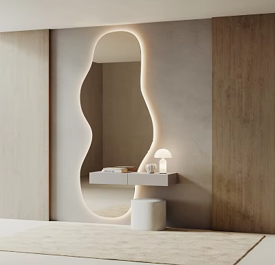 Minimalist Dressing Table With Wavy LED Lit Mirror And Table Lamp On Light Countertop 3d model