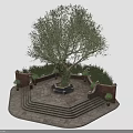 Lush Olive Tree Centerpiece with Stone Steps Low Brick Walls and Green Shrubs