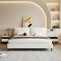 Cozy Bedroom Interior With White Bed Arched Lighting Decorative Painting And Wooden Shelves
