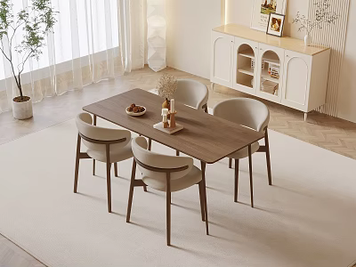 Modern Wooden Dining Table Set With Four Chairs Light Rug Window Curtains And Potted Plant 3d model