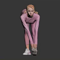 Woman in pink sportswear bending forward to stretch with ponytail and white sneakers