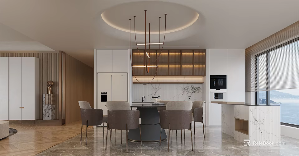 Modern Restaurant Interior With Round Dining Table And Hanging Pendant Lights 3d model