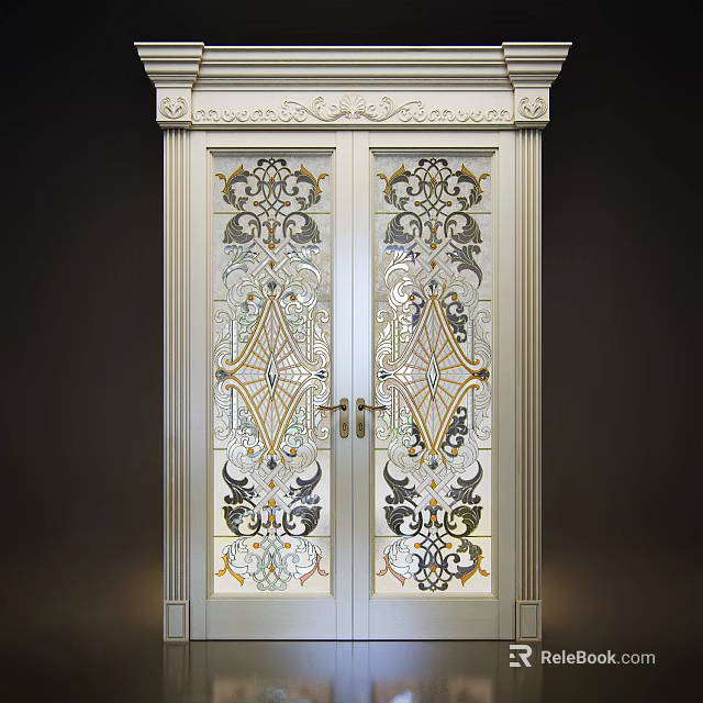 Ornate Decorative Front Door With Intricate Glass Patterns And Carved Wooden Frame 3d model 