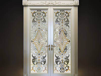 Ornate Decorative Front Door With Intricate Glass Patterns And Carved Wooden Frame 3d model