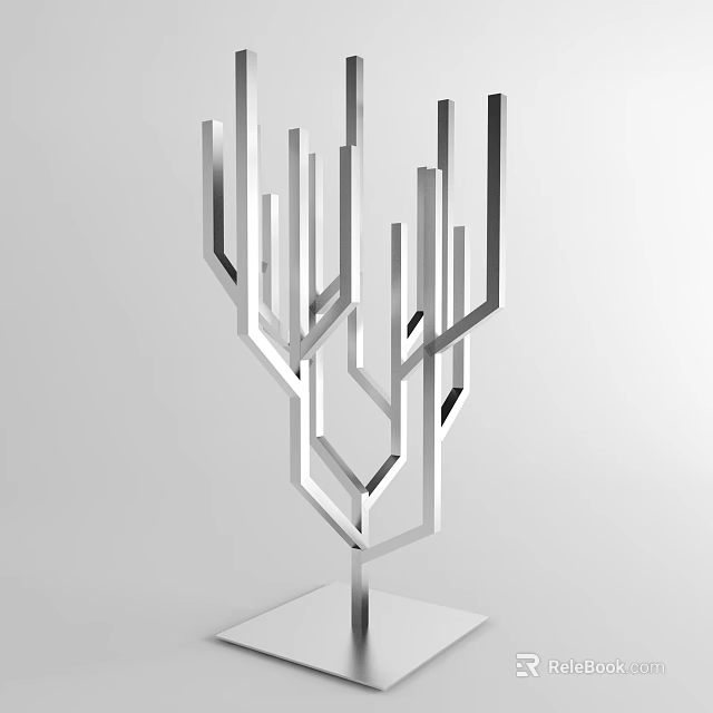 Modern Silver Metal Geometric Decor Set With Linear Branch Design 3d model 