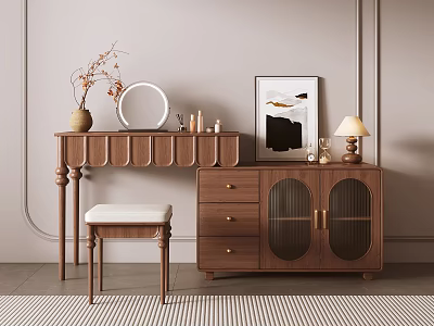 Modern Wooden Dressing Table With Drawers Stool Mirror Lamp And Artwork 3d model