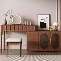 Modern Wooden Dressing Table With Drawers Stool Mirror Lamp And Artwork