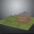 Wooden Cabin With Gray Roof Terrace And White Car On Green Grass Surroundings