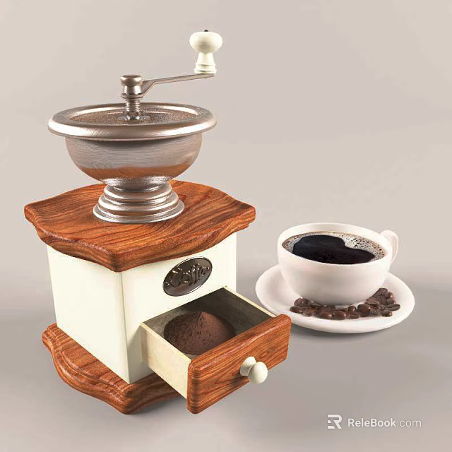 Vintage Coffee Grinder With Wooden Base Coffee Grounds And Cup With Beans 3d model 