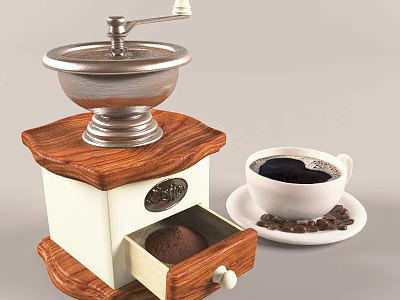 Vintage Coffee Grinder With Wooden Base Coffee Grounds And Cup With Beans 3d model