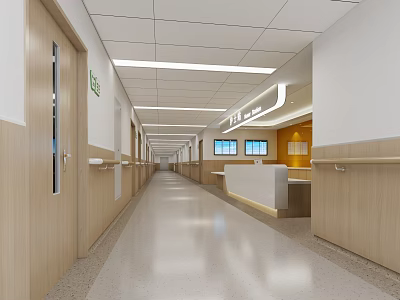 Hospital Outpatient Clinic Corridor With Wooden Walls White Ceiling And Light Strips 3d model