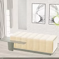 Modern Beige Striped Ottoman Bench With Small Table And Black White Decorative Paintings