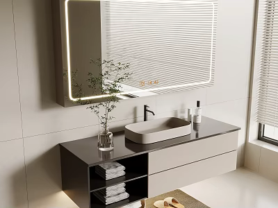 Modern Bathroom Vanity Cabinet With LED Light Mirror Black Countertop White Sink And Towel Storage 3d model