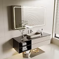 Modern Bathroom Vanity Cabinet With LED Light Mirror Black Countertop White Sink And Towel Storage