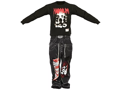 Black Mammoth Print Long Sleeve Outfit With Distressed Pants Red White Accents And Number 24 3d model