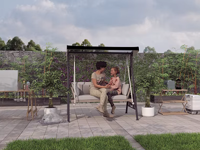 Outdoor Landscape Swing Seat With Canopy And Green Plants On Patio 3d model