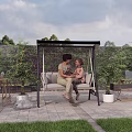 Outdoor Landscape Swing Seat With Canopy And Green Plants On Patio
