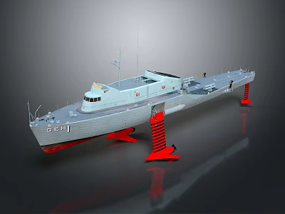 Gray Warship Model With Red Supports And Number 111 On Gray Hull 3d model