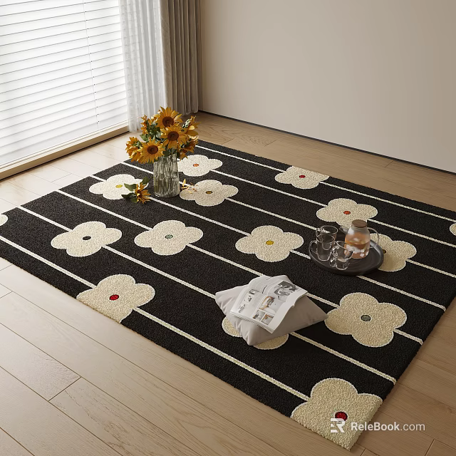 Black Square Carpet With White Floral Pattern Sunflower Vase Magazine And Tray On Wooden Floor 3d model 