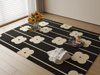 Black Square Carpet With White Floral Pattern Sunflower Vase Magazine And Tray On Wooden Floor 3d model