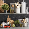 Modern Kitchen Utensils Display With Spice Oil Bottles Wooden Cutting Board And Fresh Herbs