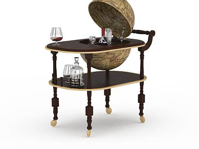 Stylish Bar Cart With Globe Design Featuring Wine Glasses And Bottles 3d model