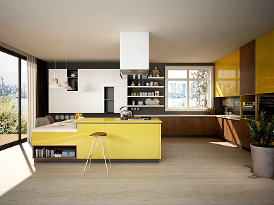 Modern Open Kitchen Interior With Yellow Cabinets Island Counter And Lighting 3d model