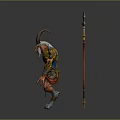 Mythical Horned Character And Red Skin Creature With Decorative Golden Armor Red Spear