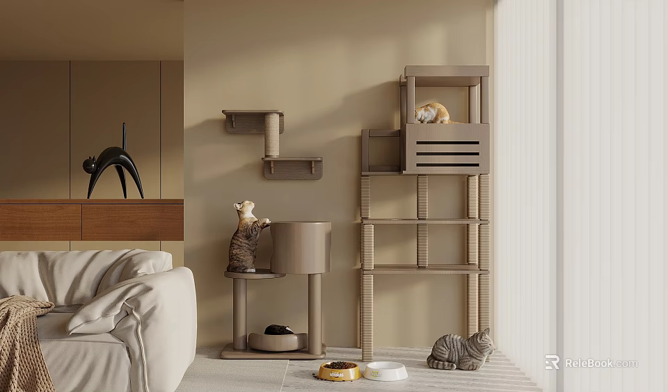Modern Cat Tree with Multi level Platforms and Cozy Cat Condo in Living Room Interior 3d model 