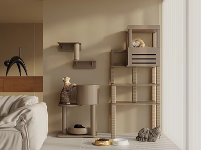 Modern Cat Tree with Multi level Platforms and Cozy Cat Condo in Living Room Interior 3d model