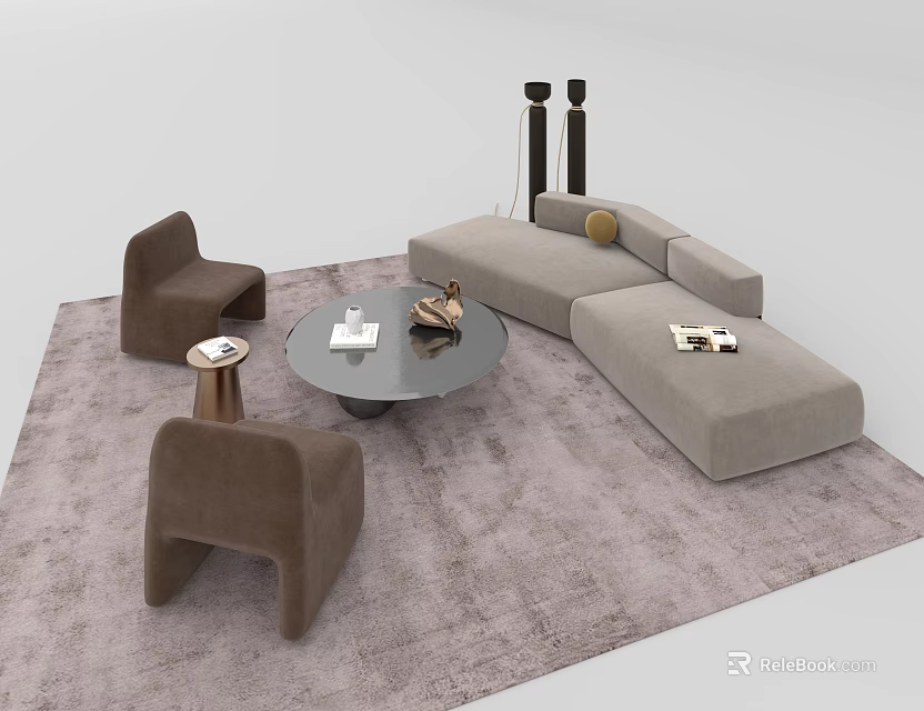 Minimalist Sofa Coffee Table Set with L shaped Light Gray Sofa Round Table Brown Chairs 3d model