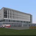 Modern Hospital Building Exterior with Glass Windows Ambulance Lawn and Parking Area