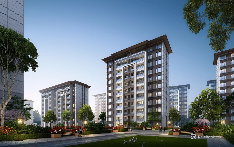 Modern Residential Building Complex With Landscaped Garden Trees And Lawns 3d model 