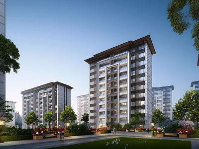 Modern Residential Building Complex With Landscaped Garden Trees And Lawns 3d model