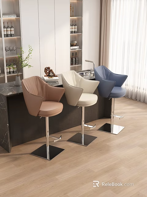 Modern Kitchen Bar Stools In Brown Beige Blue Leather With Counter Setup Design 3d model