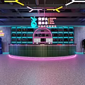 Modern 24 Hour Bar With Neon Lights PLAY Sign Robot Sculpture Black Tables And Chairs