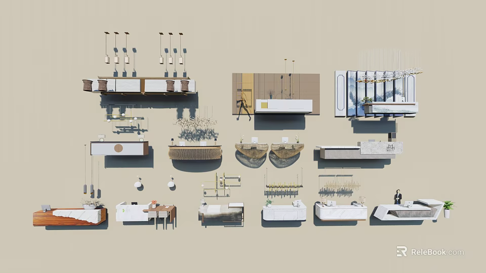 Modern Reception Desk Designs With Various Materials Wood Marble And Decorative Elements 3d model