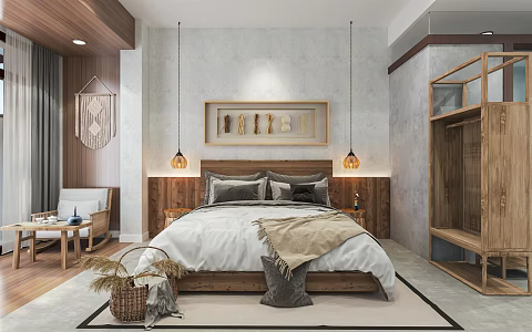 Quiet guest room hotel guest room inn hotel guest room bedside background wall wardrobe big bed room leisure chair 3d model