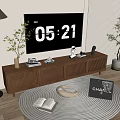 Modern Wooden TV Stand with TV Potted Plants Floor Lamp Rug and Decorative Items